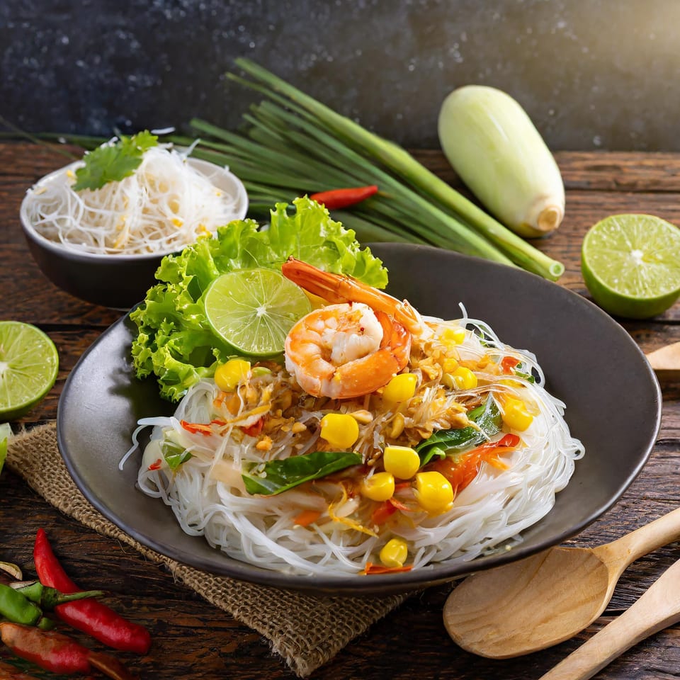 Thai glass noodle salad with shrimp, corn, and lime on a dark plate with fresh ingredients.