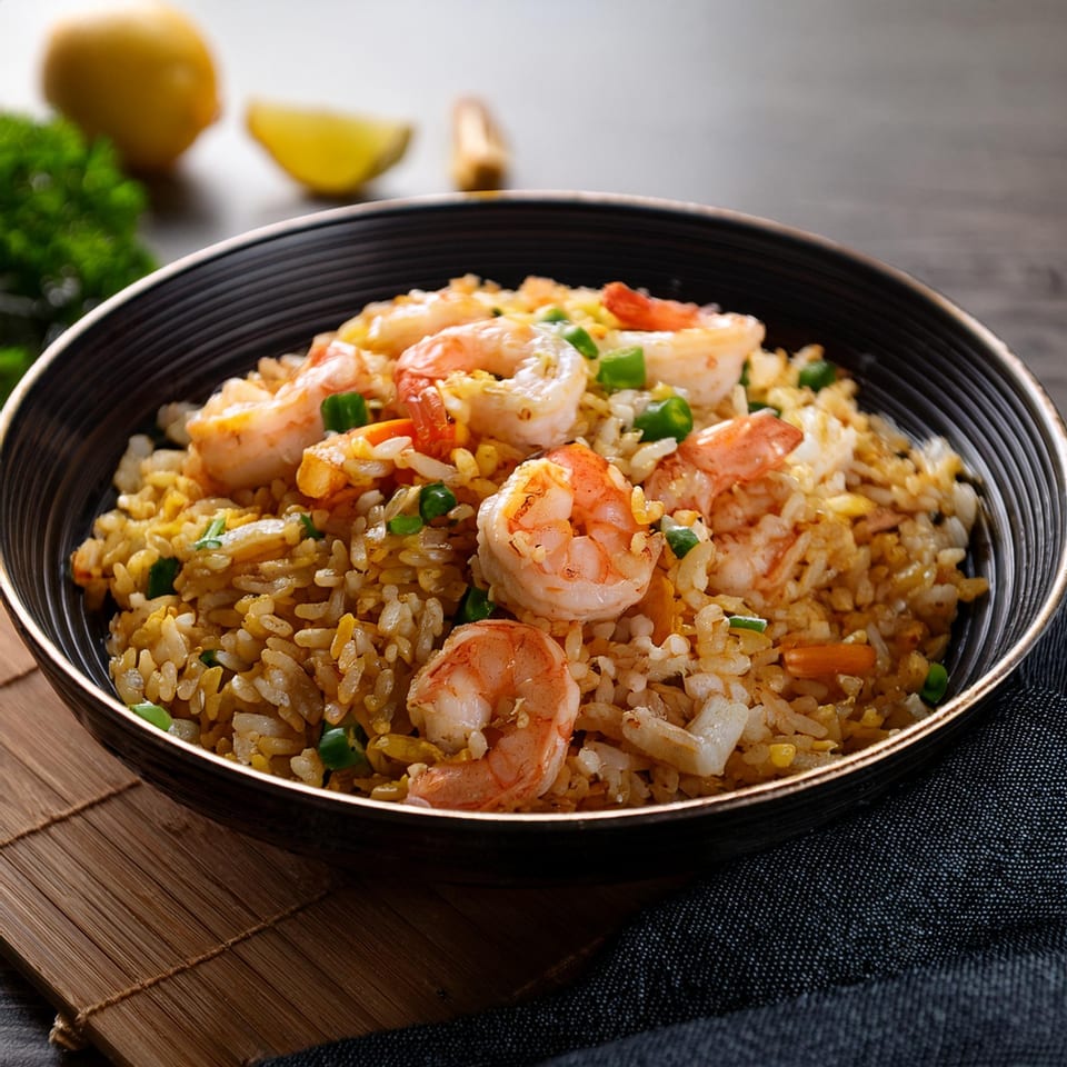 Close-up of Thai Chili's shrimp fried rice with green onions in a dark bowl.