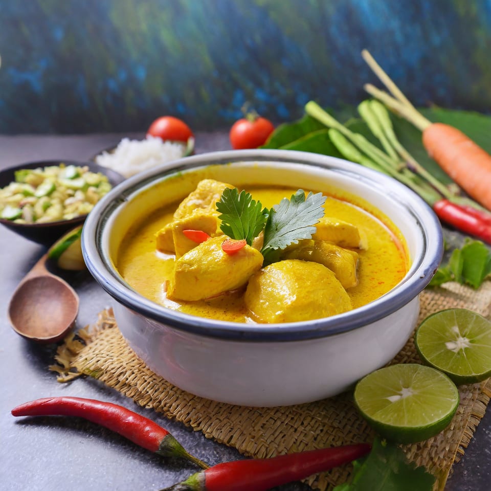 Thai yellow curry with chicken in a white bowl, garnished with cilantro and red chilies.