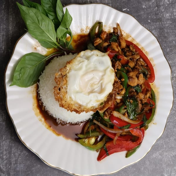 Thai Chili's Pad Krapow with chicken, bell peppers, basil, rice, and a fried egg.