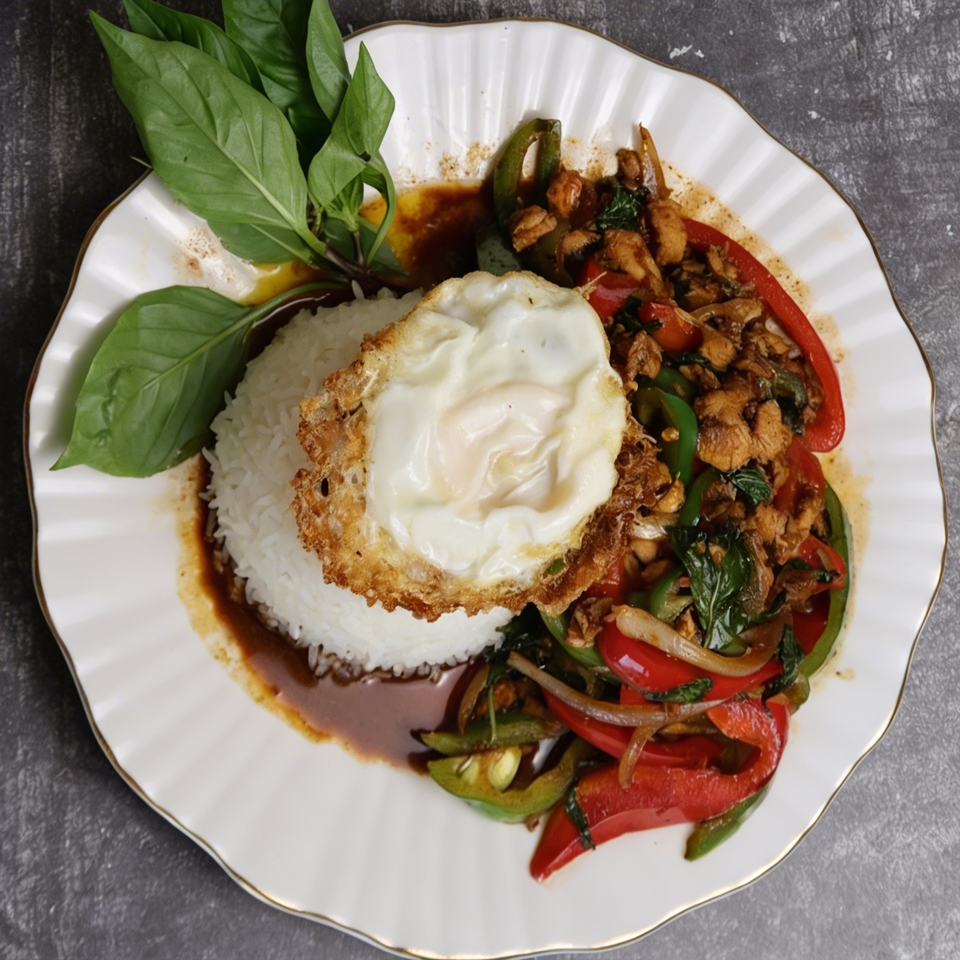 Thai Chili's Pad Krapow with chicken, bell peppers, basil, rice, and a fried egg.