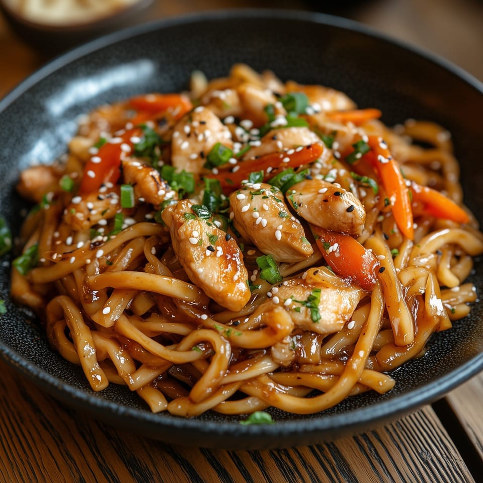 Thai Chili's chicken udon noodles with red peppers, green onions, and sesame seeds.